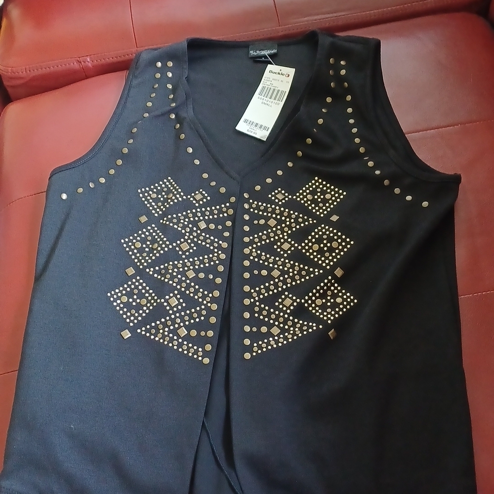 Buckle Daytrip Black Embellished Vest. Open Front, pewter& Silver embellishments
